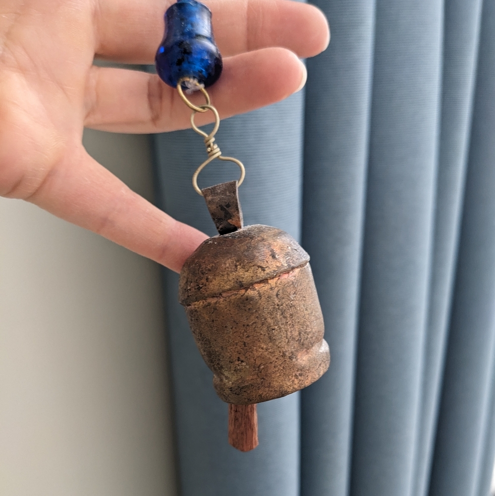 Decorative Metal Bell, Indian Cow Bell, Blue Beaded, Wind noisemaker, Boho